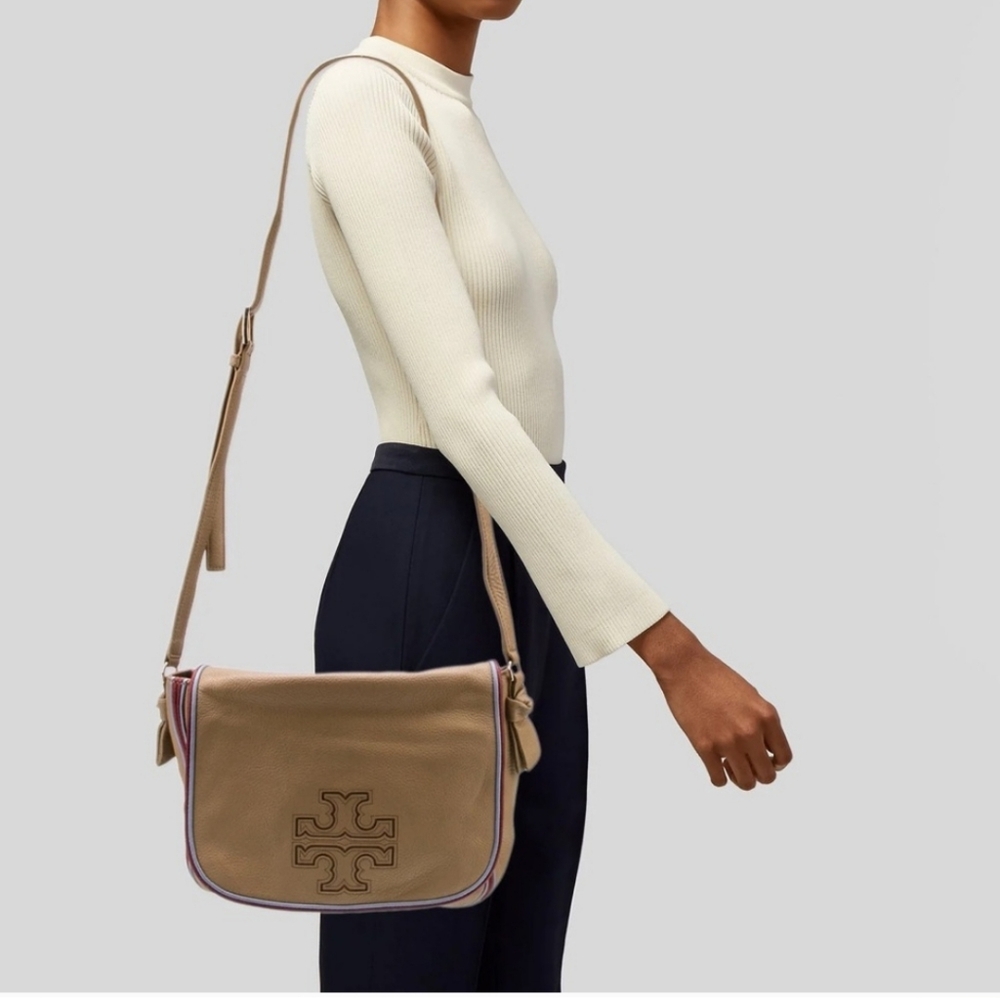 Tory Burch Leather Harper Stripe Tan Pebble Messenger Bag